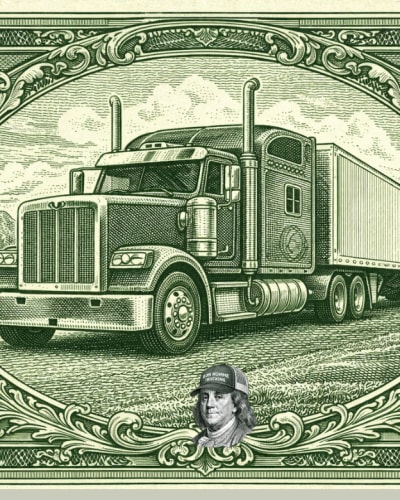 Illustrated semi truck framed like a dollar bill, symbolizing the trucking industry’s role in the U.S. economy and freight movement.