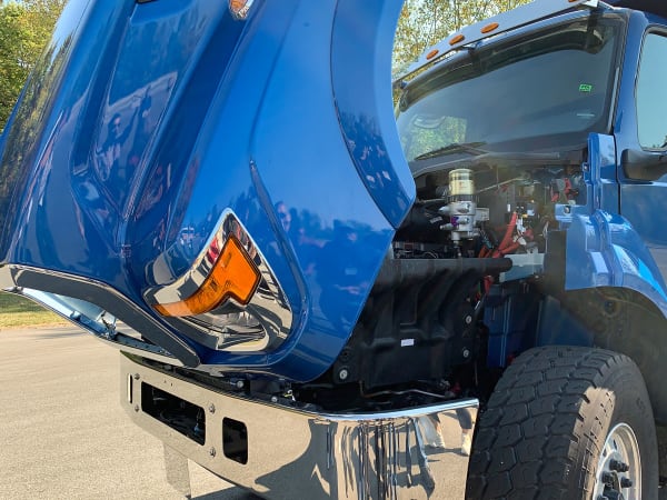 Blue International HV truck with hood open