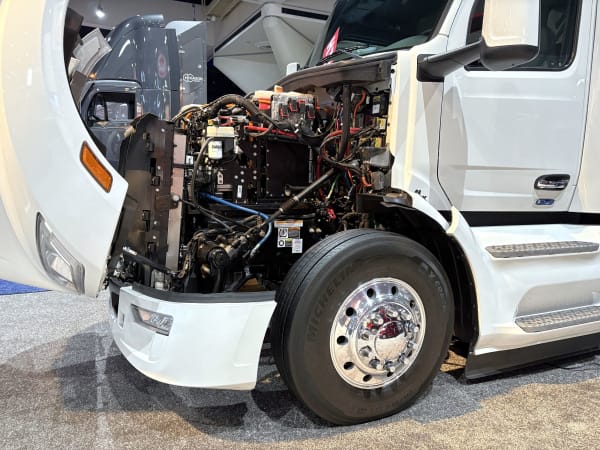Peterbilt Model 579EV with hood open
