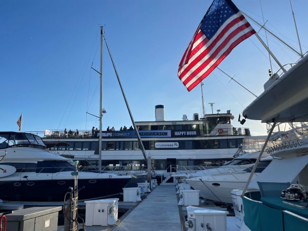 Yacht hosting a Hendrickson/Phillips social event with boats in the foreground