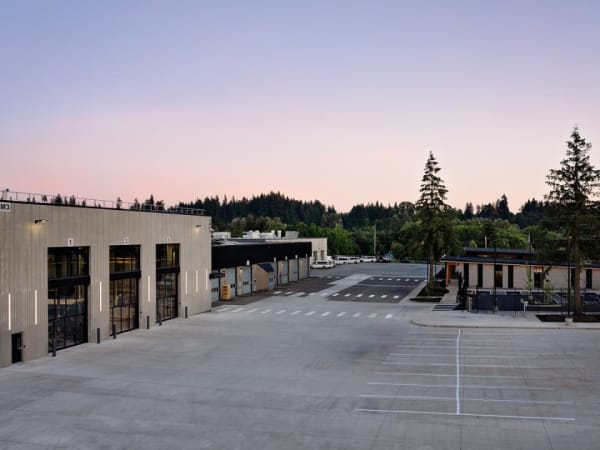 Exterior image of C-TRAN's campus expansion bus maintenance facility and lot.