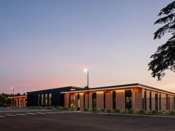 Exterior image of C-TRAN's campus expansion during sunrise.