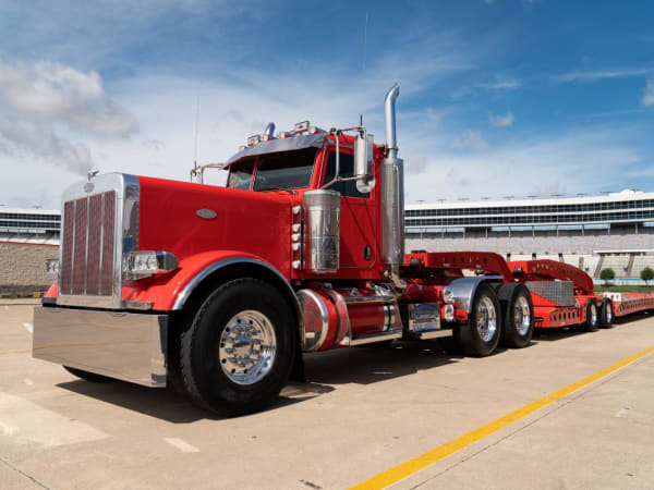 A red Peterbilt Model 389.