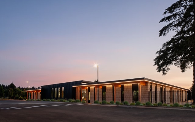 Exterior image of C-TRAN's campus expansion during sunrise.