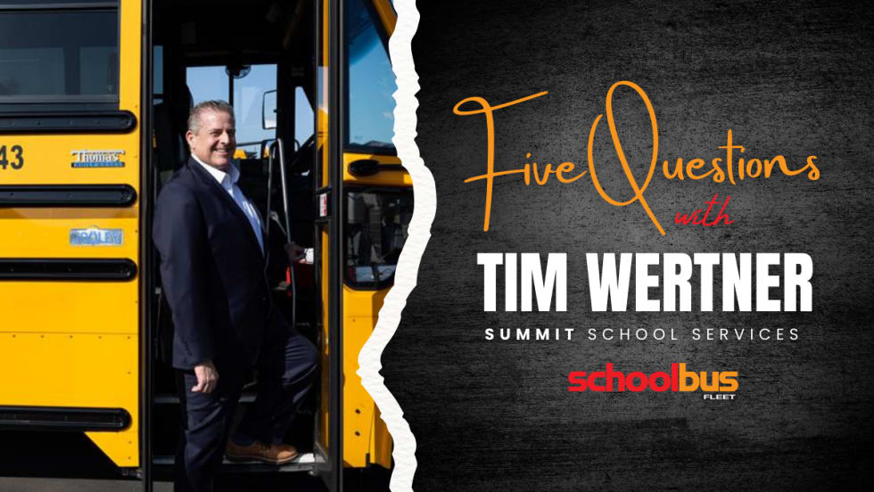 a man boards a school bus, with text next to him that reads "Five Questions with Tim Wertner, Summuit School Services"