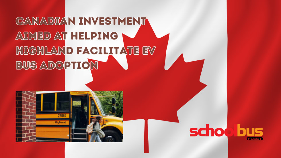 Electric school bus with Canadian flag background.