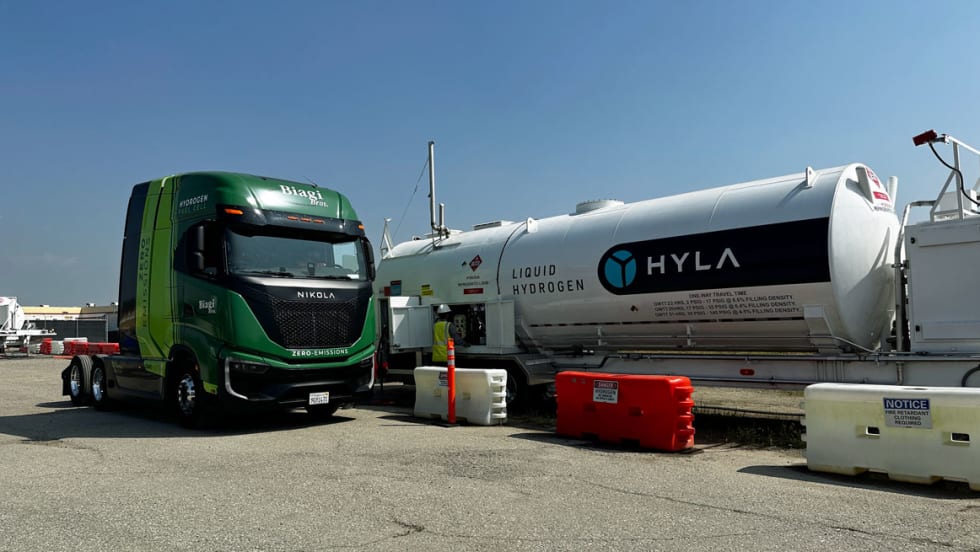 Green Nikola hydrogen fuel cell truck at Hyla fueling station