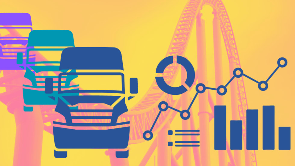 Illustration of rollercoaster, trucks, and data charts and graphs.