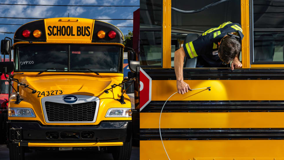 Technician adding lights to a school bus