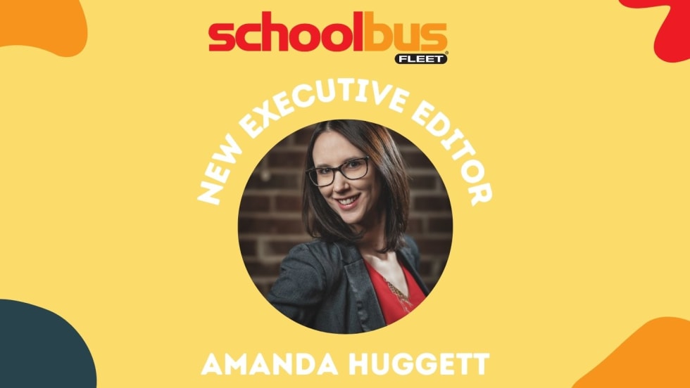graphic with a woman's headshot and text that reads "New Executive Editor Amanda Huggett"
