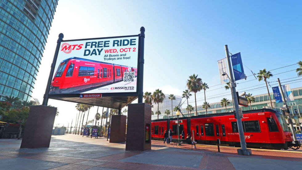 A trolley in San Diego offering free rides on the city's Free Ride Day.