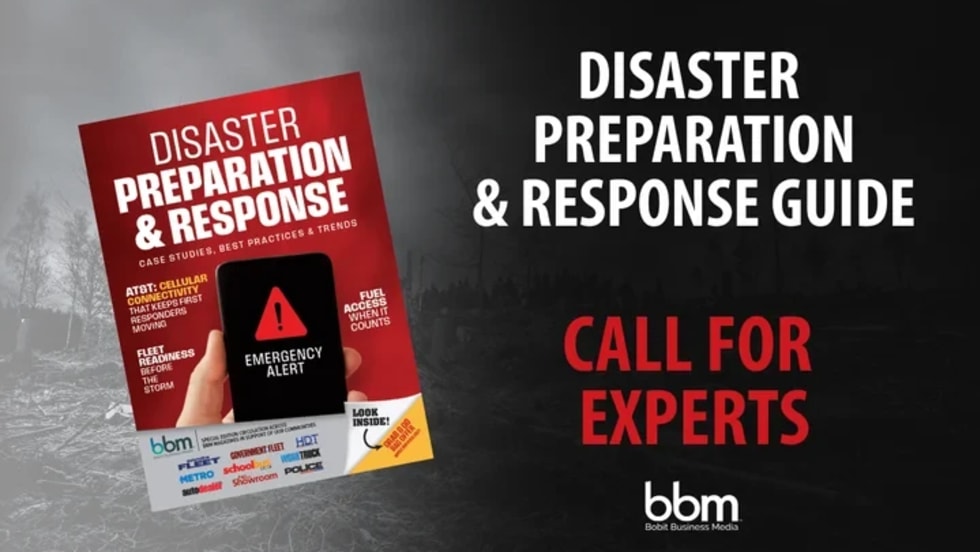 Graphic promoting the Disaster Preparation & Response Guide with a red guide cover, “Call for Experts” text, and Bobit Business Media logo.
