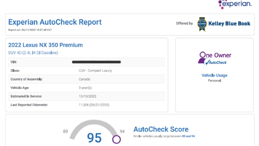 AutoCheck report for 2022 Lexus NX 350 showing 95 score, one owner, and vehicle history details.