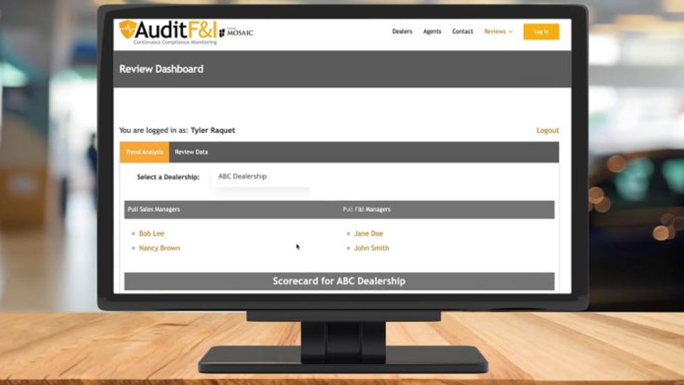 Computer screen showing the Audit F&I Review Dashboard, displaying dealership selection and manager scorecard options for ABC Dealership.
