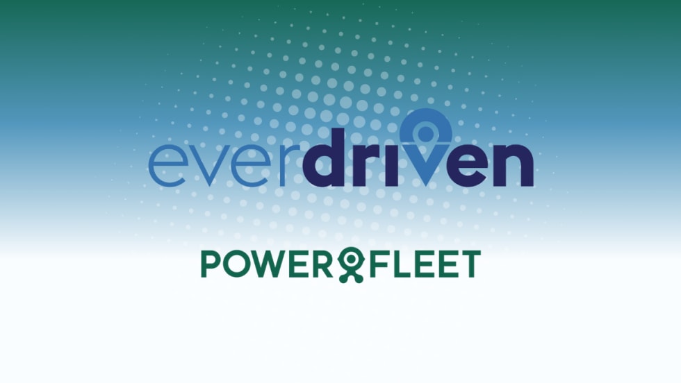 Logos of EverDriven and Powerfleet displayed on a gradient background with dotted design elements.