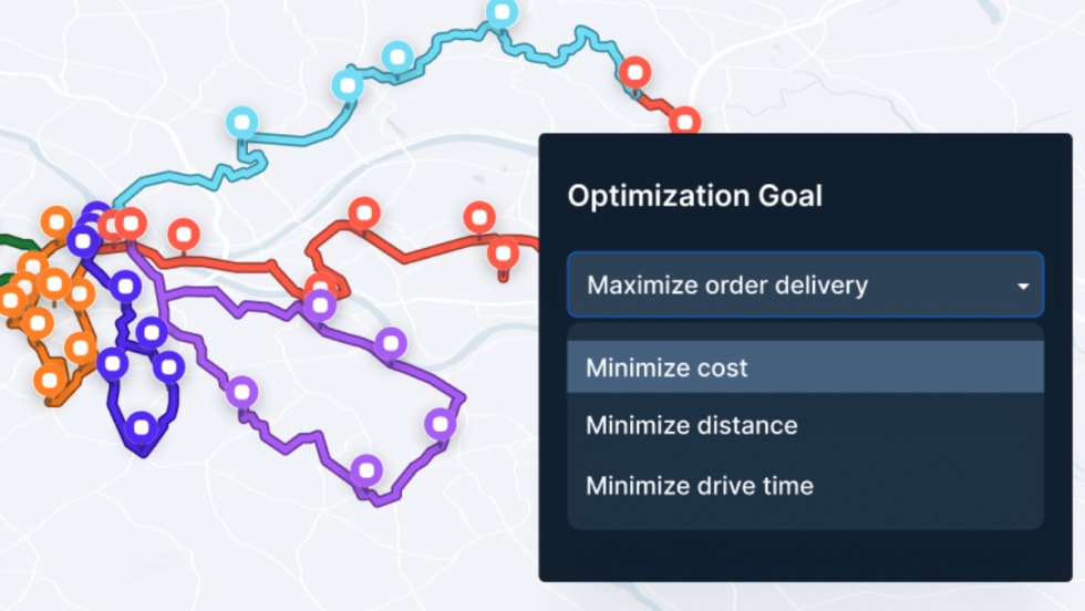 A digital map showing multiple color-coded delivery routes with a pop-up menu titled "Optimization Goal," displaying options to maximize order delivery or minimize cost, distance, or drive time.