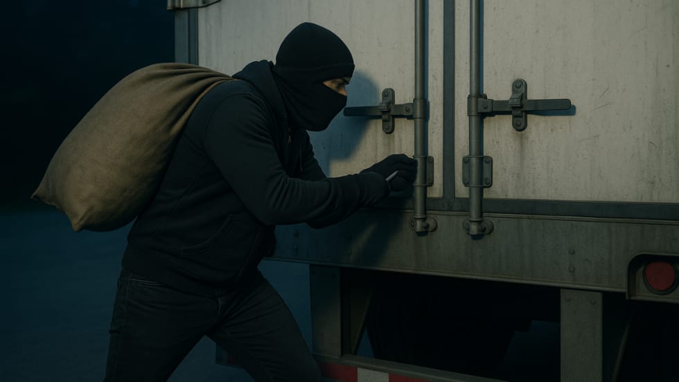 A person in a black mask and dark clothing uses a tool to open the back of a cargo truck at night, suggesting a cargo theft in progress.