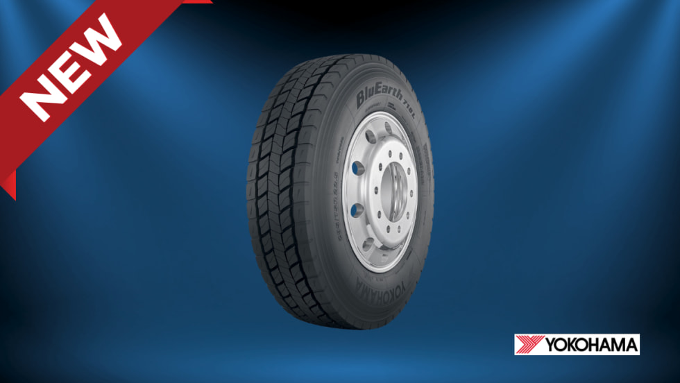 A Yokohama BluEarth 718L truck tire displayed against a blue background with a red “NEW” banner in the corner and the Yokohama logo in the bottom right.