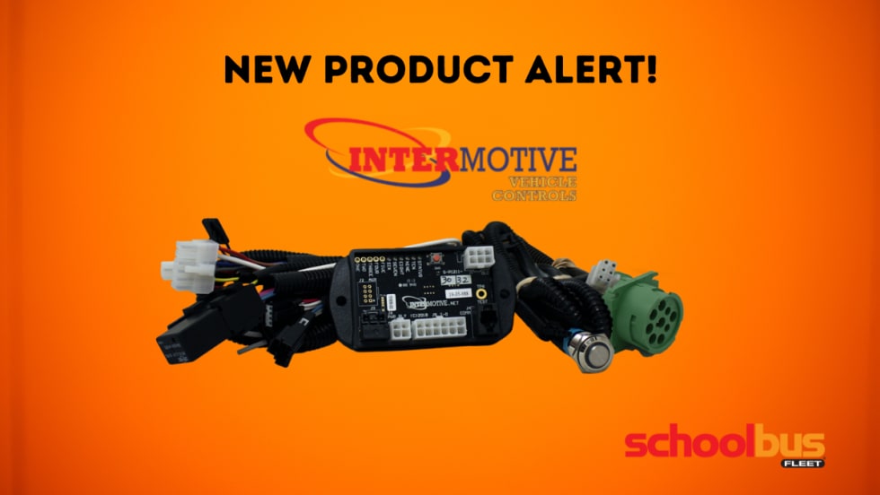 New product alert graphic featuring InterMotive Vehicle Controls’ IdleLock wiring module against an orange background with the School Bus Fleet logo.
