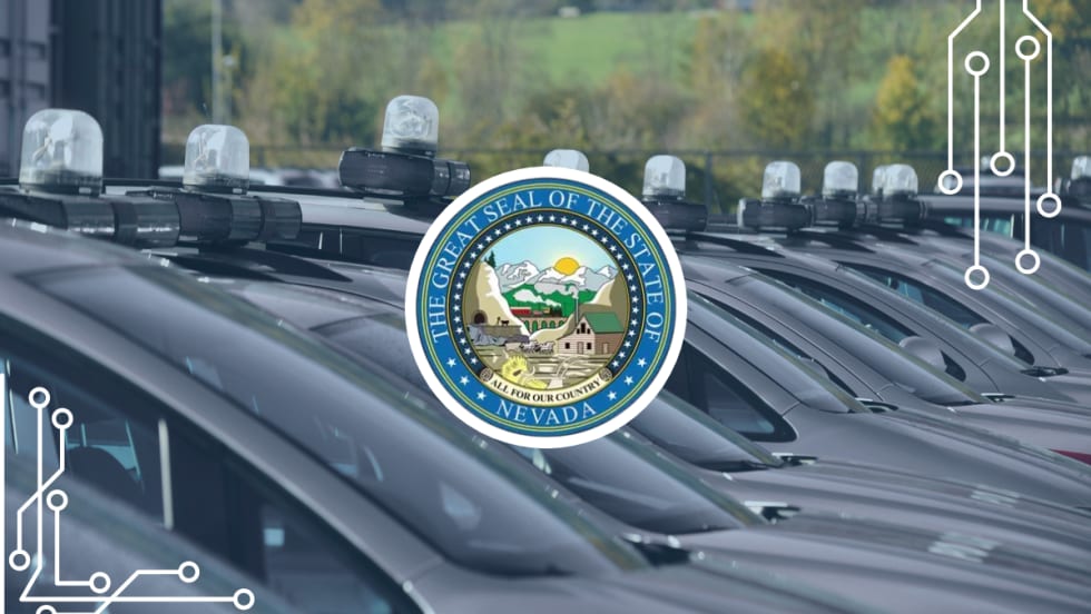 Row of state fleet vehicles with light bars, Nevada state seal centered, and circuit graphics in corners, illustrating the state’s use of telematics technology for fleet management.