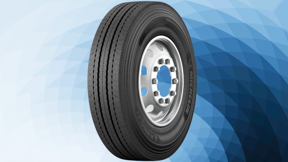 Side view of the Michelin X Multi Z2 regional all-position truck tire mounted on a silver wheel, shown against a blue geometric background.