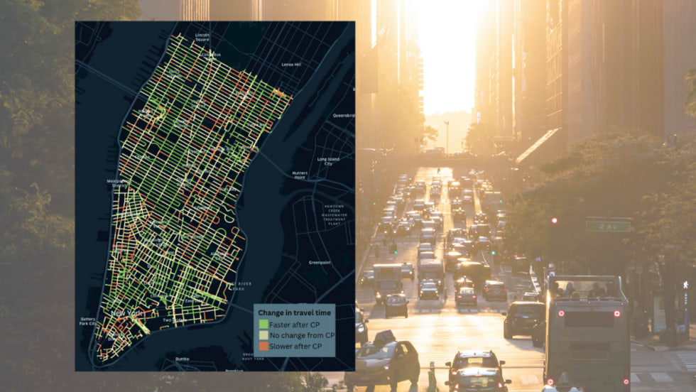 Photo of Manhattan traffic congestion overlaid by map showing traffic speeds