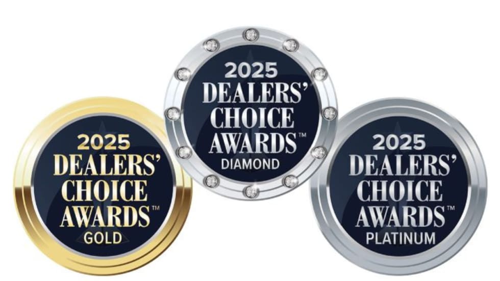 Three 2025 Dealers’ Choice Awards badges — Gold, Diamond, and Platinum — recognizing top honors given to companies in the automotive industry.