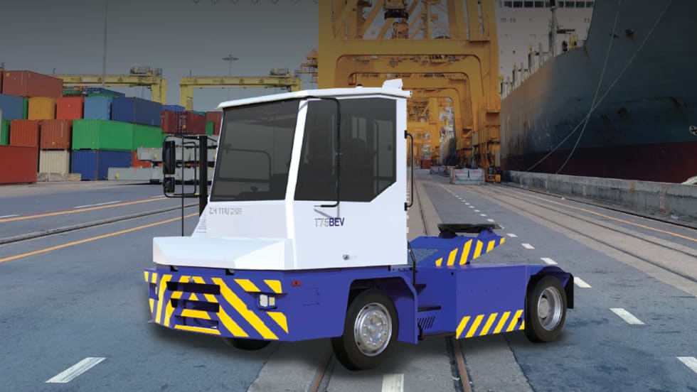 Illustration of ZM Trucks T75 Battery-Electric Terminal Tractor parked at a shipping port, surrounded by cargo containers and cranes.