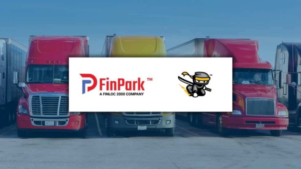 Logos of FinPark and Freight Ninja displayed over a background of parked semi-trucks, representing their partnership to expand secure truck parking solutions nationwide.