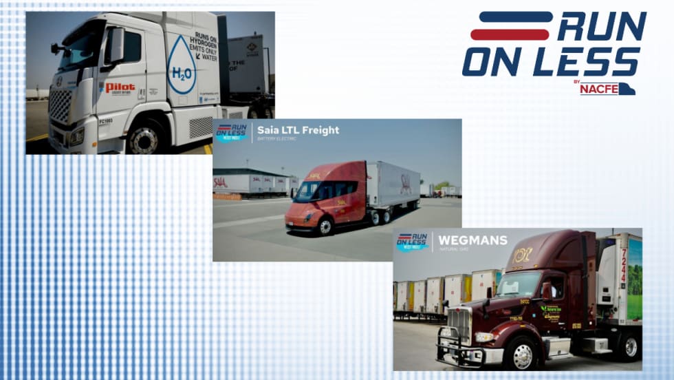Three trucks from NACFE’s Run on Less – Messy Middle event, showcasing hydrogen, battery-electric, and natural gas powertrains, with company branding from Pilot, Saia LTL Freight, and Wegmans.