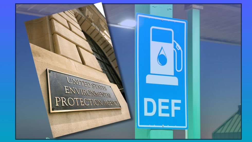 Illustration showing diesel exhaust fluid pump sign and EPA headquarters