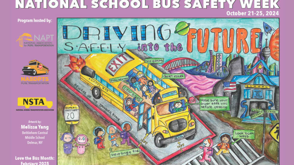Winning school bus safety poster by Melissa Yang, themed “Driving Safely Into the Future,” shows bus safety tips and a futuristic city for National School Bus Safety Week, Oct. 21-25, 2024.