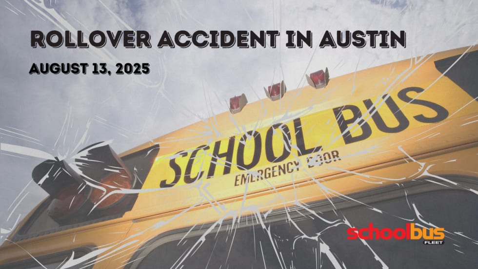 Image of a school bus with text reading "Rollover Accident in Austin".