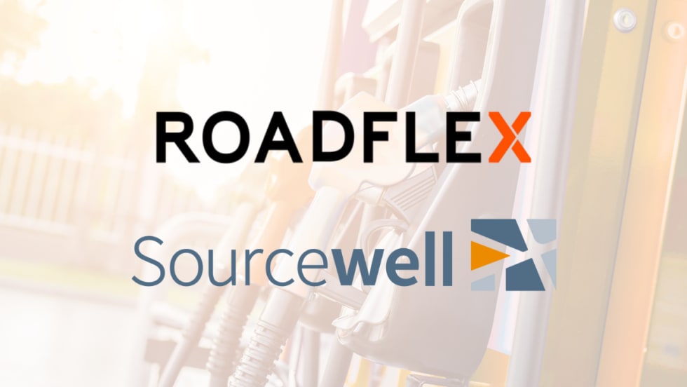 Logos of RoadFlex and Sourcewell displayed over a blurred background of a fuel pump nozzle, representing their new cooperative purchasing contract partnership.