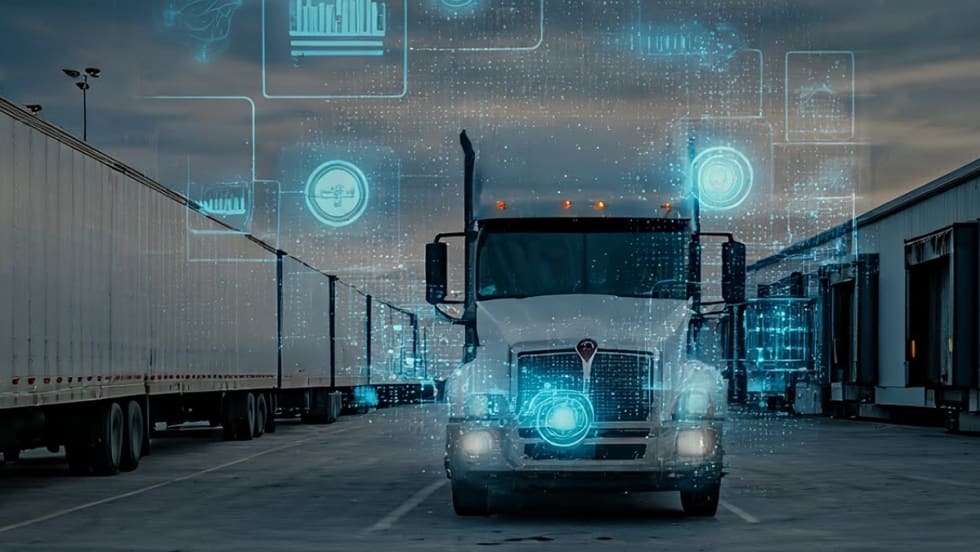 A semi-truck at a loading dock overlaid with digital icons, symbolizing Fleetworthy’s integration of AI technology into fleet safety, compliance, and operations.