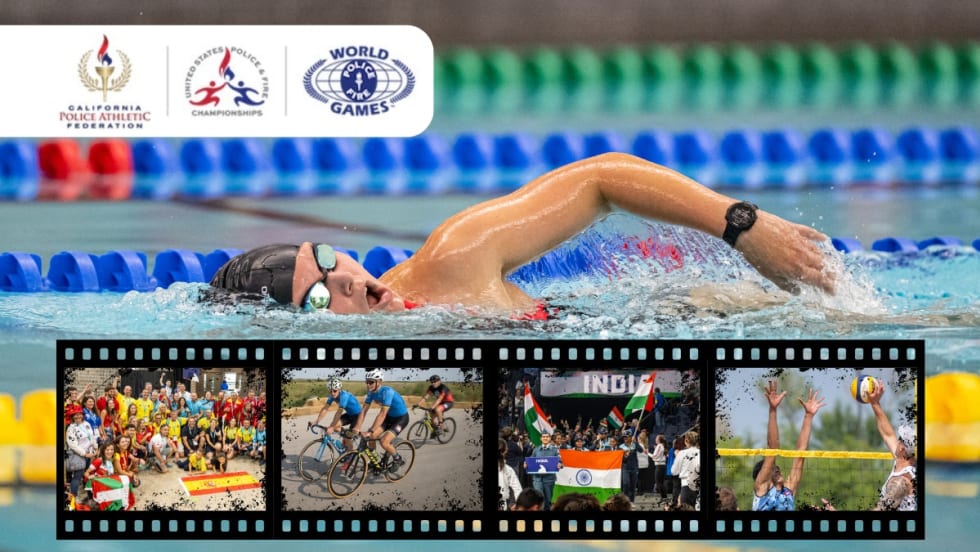 Swimmer in pool with World Police & Fire Games logos, sports montage film strip