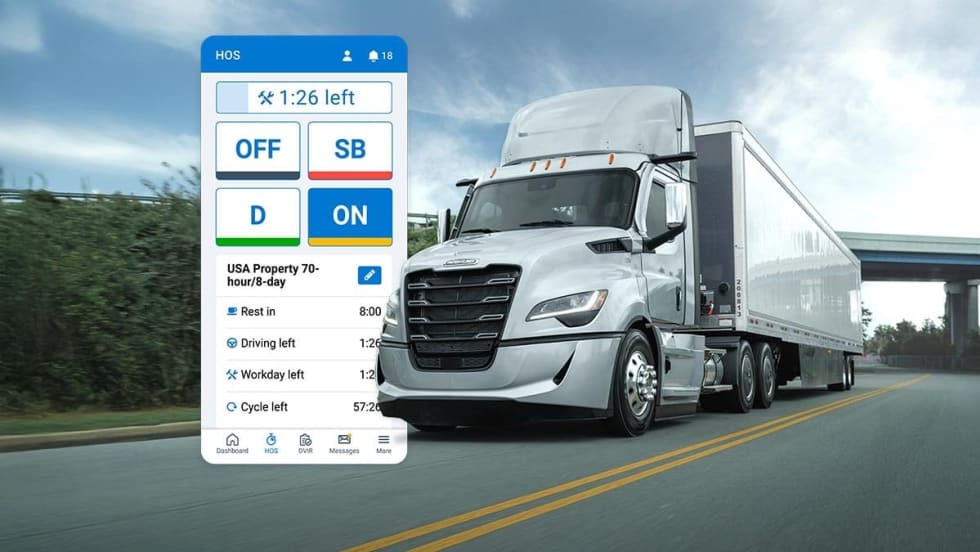 Image of Freightliner truck on highway with Geotab ELD screen