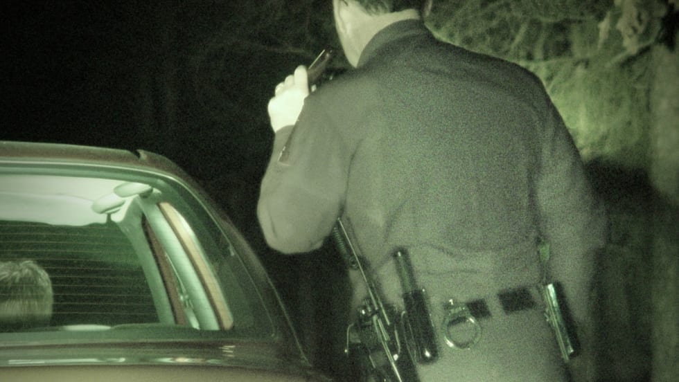 Police officer at night standing beside patrol car, viewed from behind