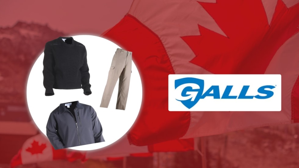 Galls logo with tactical clothing on Canadian flag background
