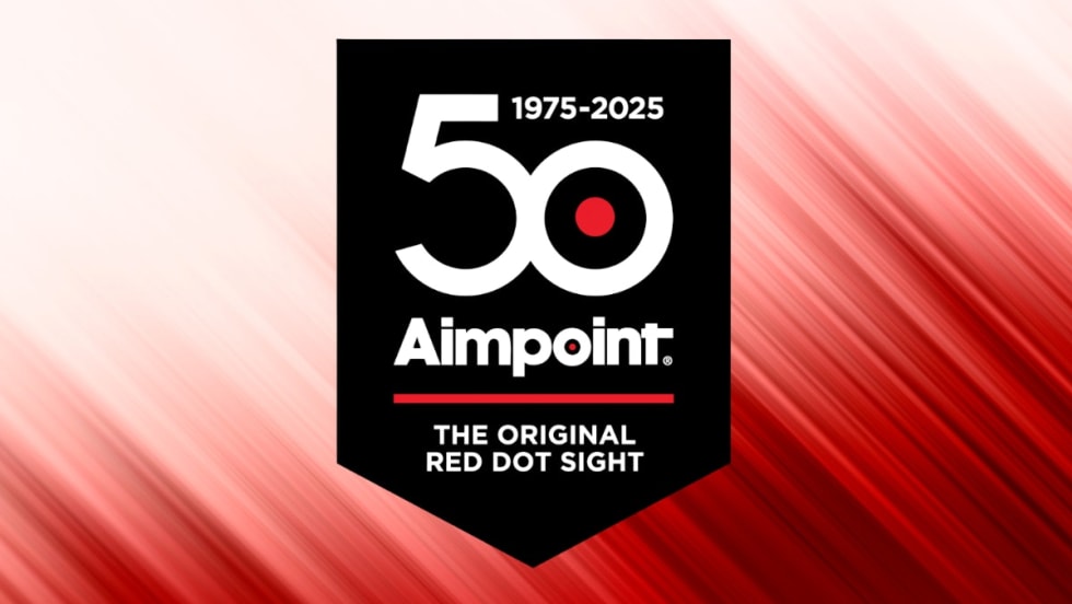Aimpoint 50th Anniversary Logo - Black Shield with White and Red Design