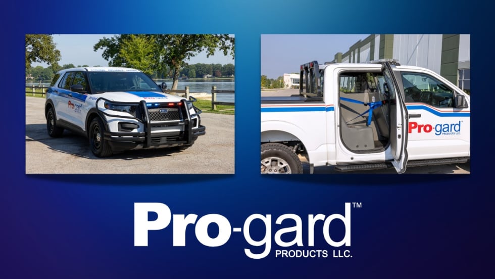 Pro-gard Products LLC logo with white and blue branded service vehicles