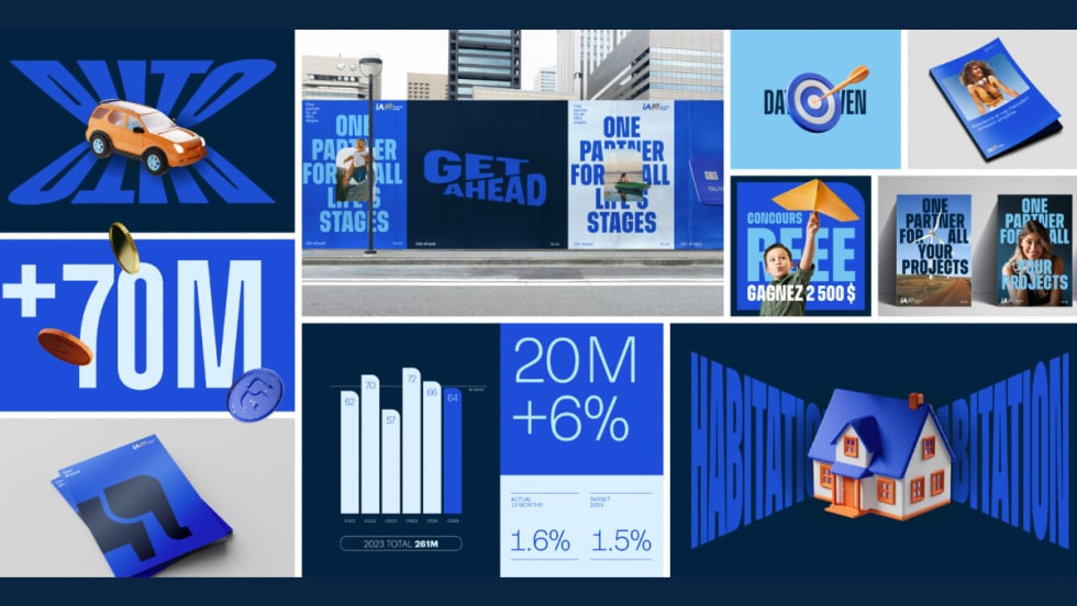 Collage of iA Financial Group’s new “Get Ahead” branding with billboards, charts, coins, a car, a house, and promotional graphics highlighting growth, savings, and client services.