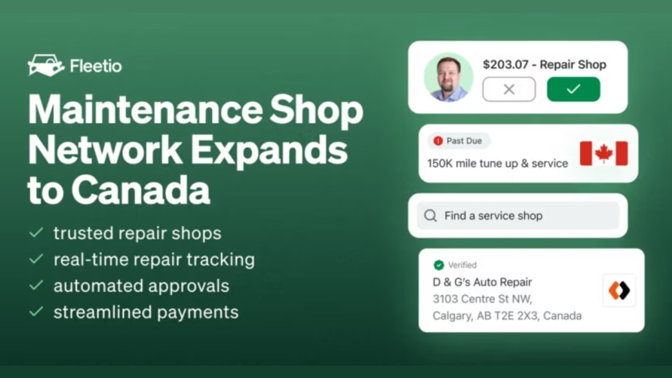 Fleetio graphic announcing Maintenance Shop Network expansion into Canada with features like trusted repair shops, real-time tracking, automated approvals, and streamlined payments.