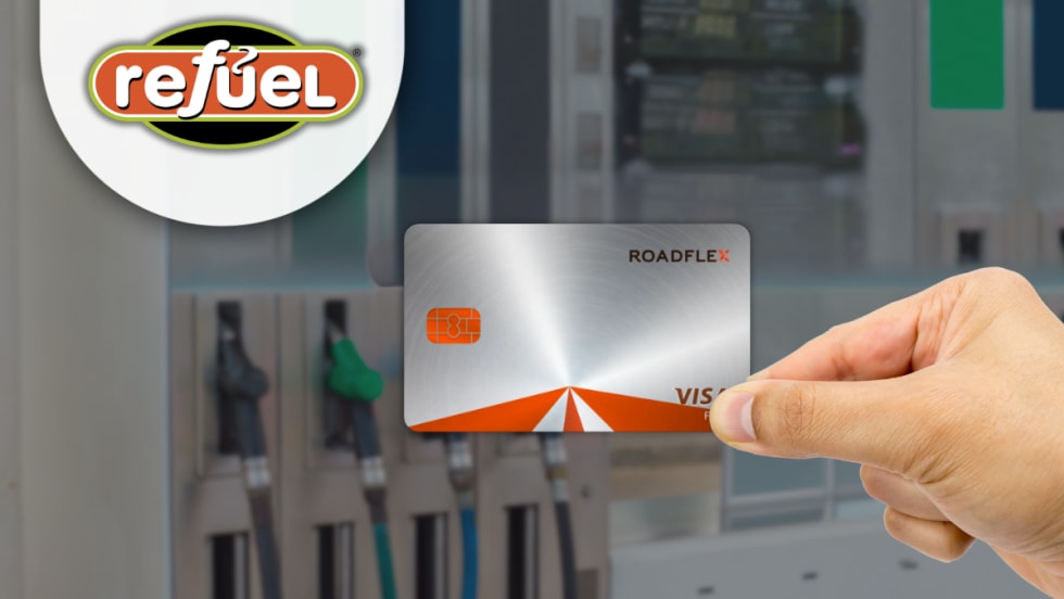 A person holds a RoadFlex Visa fleet card in front of a gas pump, with the Refuel logo visible in the background, representing the new partnership expanding fueling access for government fleets.