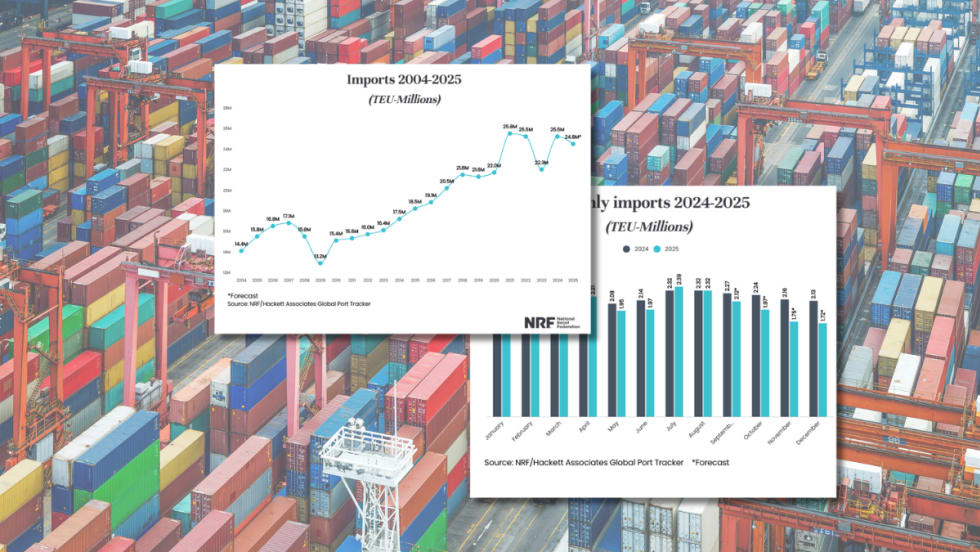 Illustration of cargo containers and graphs showing import trends