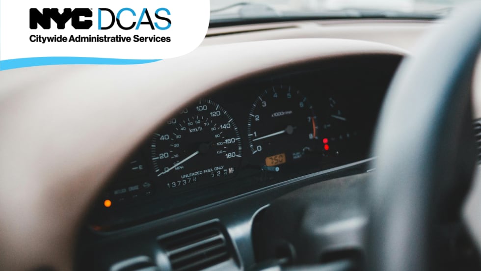 Close-up of a vehicle speedometer representing NYC DCAS efforts to implement Intelligent Speed Assistance technology across city fleet vehicles.