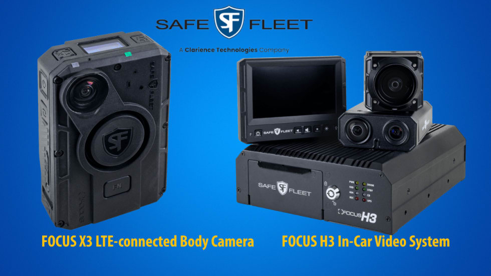 Blue background with Safe Fleet logo and a body-worn camera and a dash camera n front.