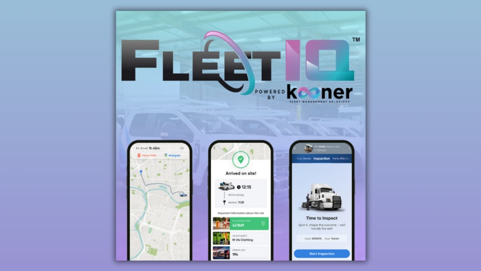 FleetIQ by Kooner Fleet Management Solutions graphic showing the FleetIQ logo and mobile app interface with map navigation, technician arrival, and vehicle inspection screens.