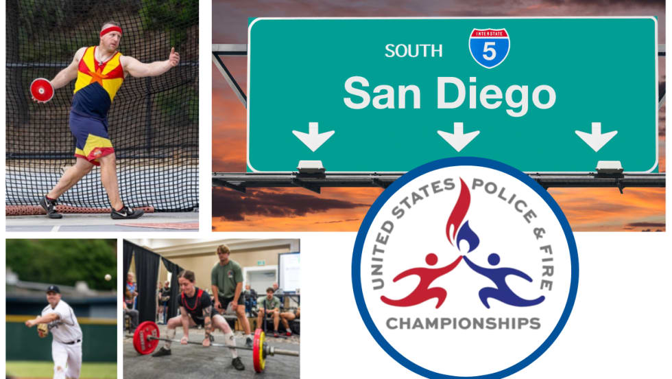 Images for three athletes - discus, weightlifting, baseball, and inset image of San Diego highway sign and logo for 2026 US Police and Fire Championships.
