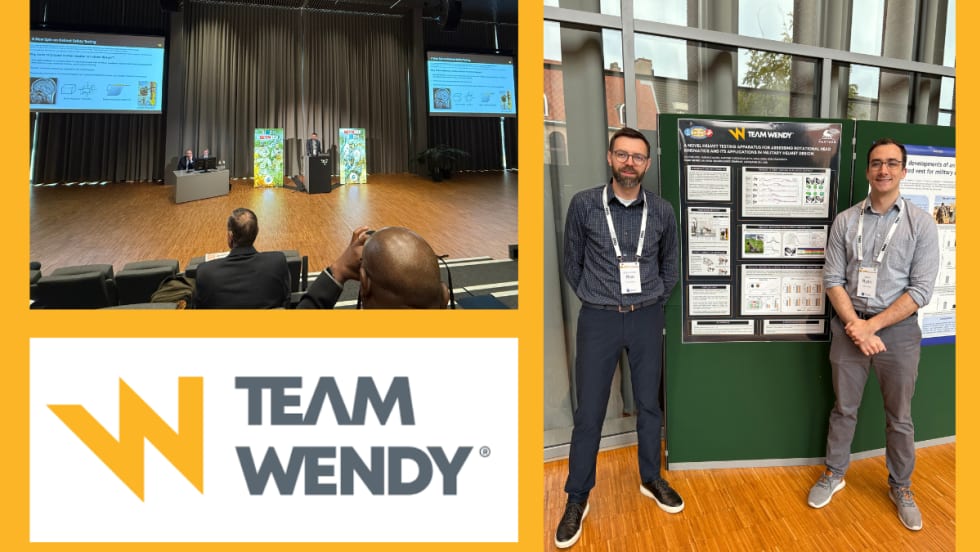image of conference stage top left, inset image of two men standing at right, and lower left logo for Team Wendy